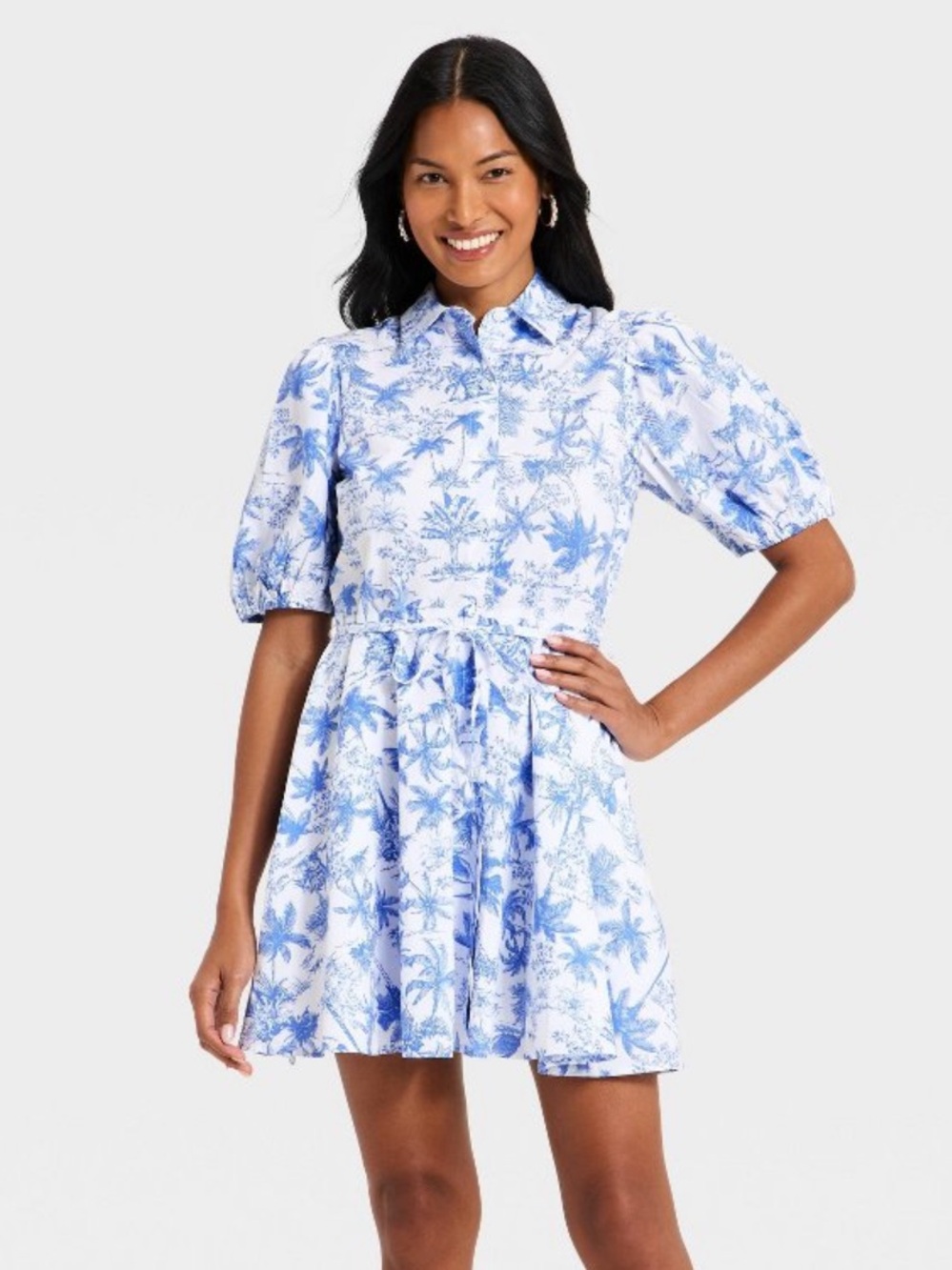 a new day Blue & White Toile Printed Balloon Short Sleeve Mini Shirtdress NWT L